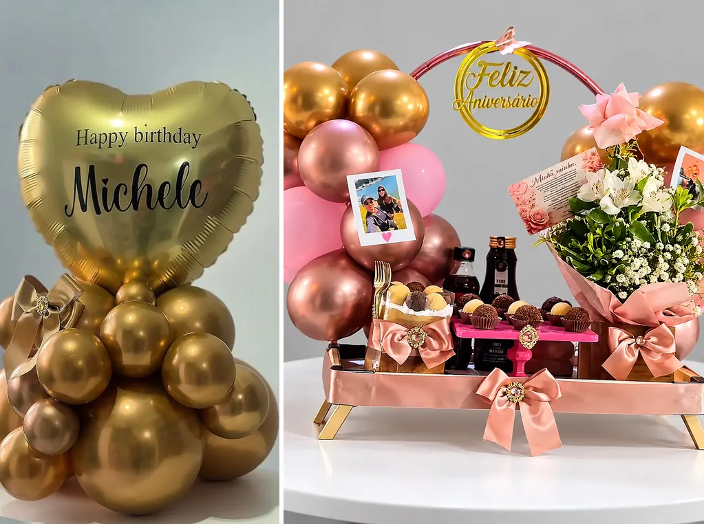 Balão Metalizado coração dourado escrito Happy birthday Michele e Cesta Happy Fest: bandeja rosé com arco de balões rosê e dourados, Feliz Aniversário, brigadeiros, cake e buquê de flores